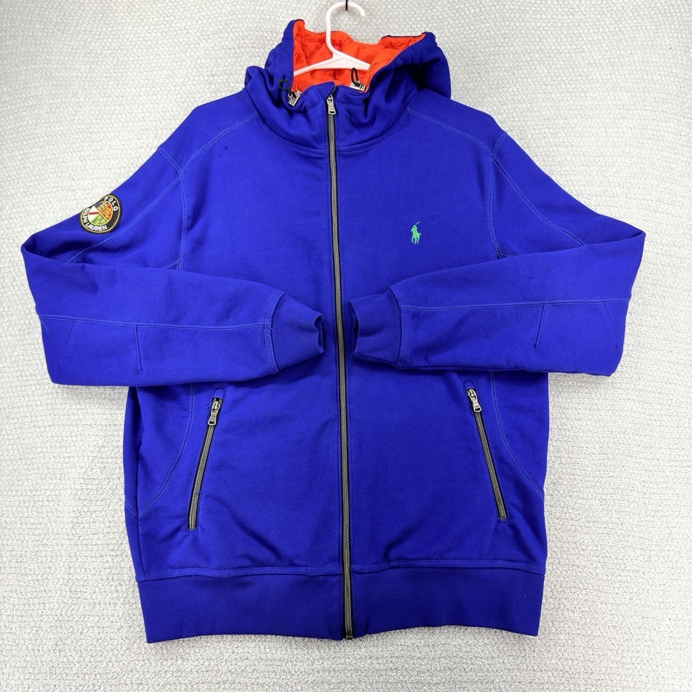 Polo Ralph Lauren Crest Cookie Patch Hoodie Jacket Mens Large Blue Full Zip FLAW